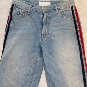 Light blue Mother jeans with red and blue line detail